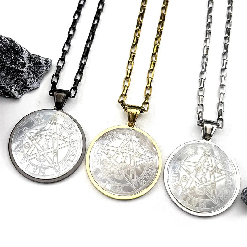 Jewish Tetragrammaton Hebrew Pentagram Shell Necklaces for Women Men Stainless Steel Gold Color Male Chain Amulet Jewelry Gift