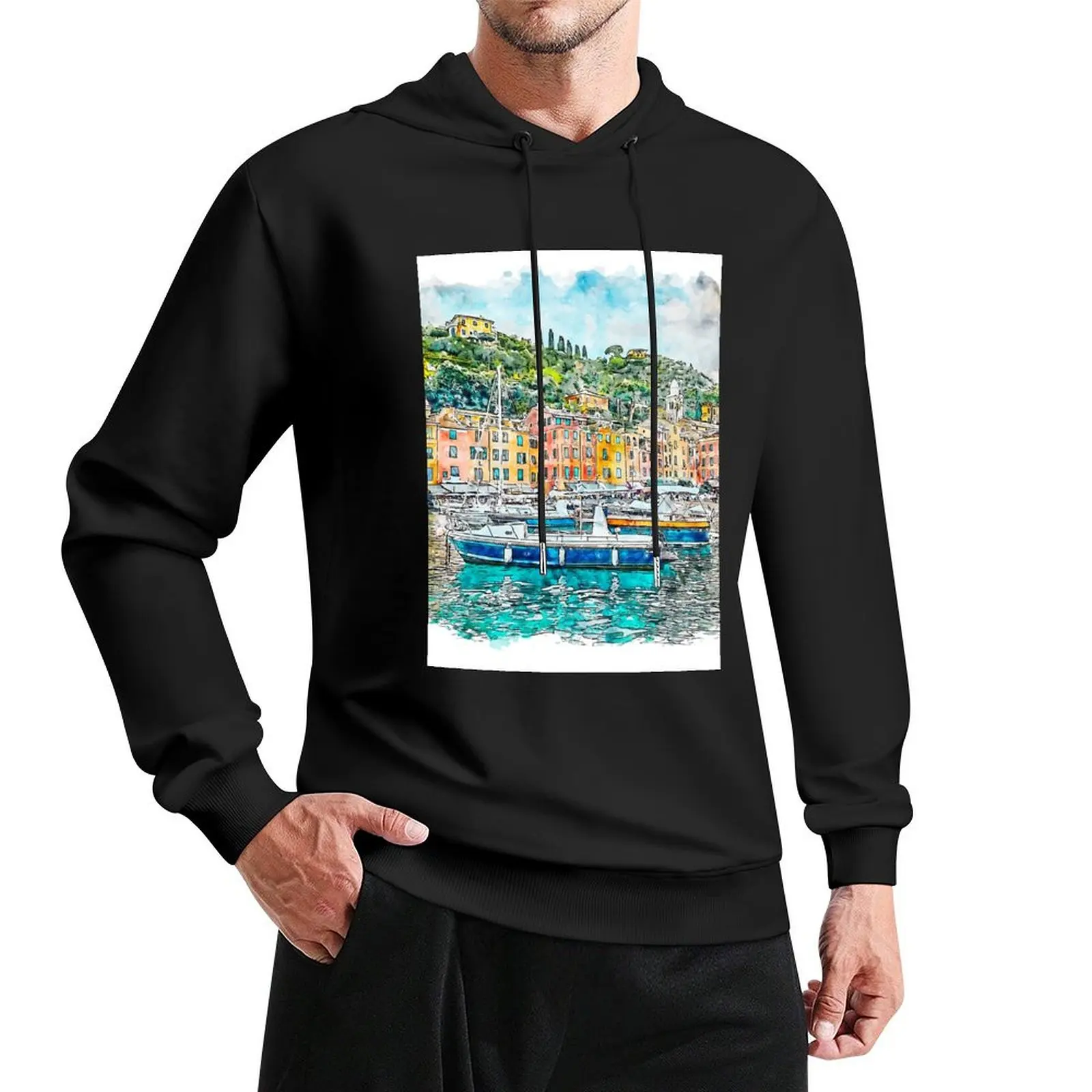 

Portofino Bay Italy Watercolor Pullover Hoodie mens designer clothes man hoodie