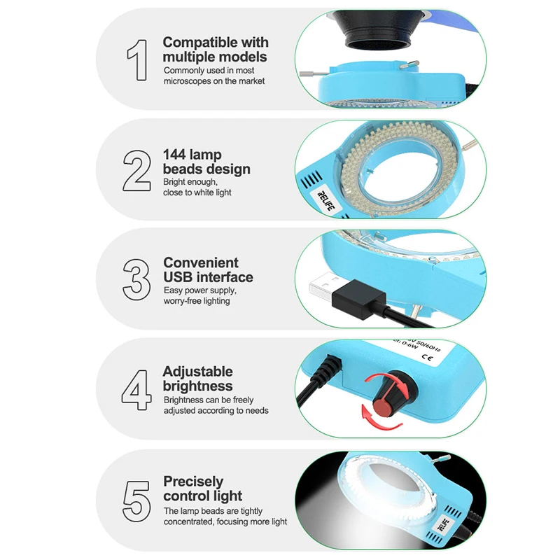 RELIFE RL-033M กล้องจุลทรรศน์แหล่งกําเนิดแสง 144 LED โคมไฟปรับความสว่างสูงกล้องจุลทรรศน์ซ่อม USB Lighting เครื่องมือ