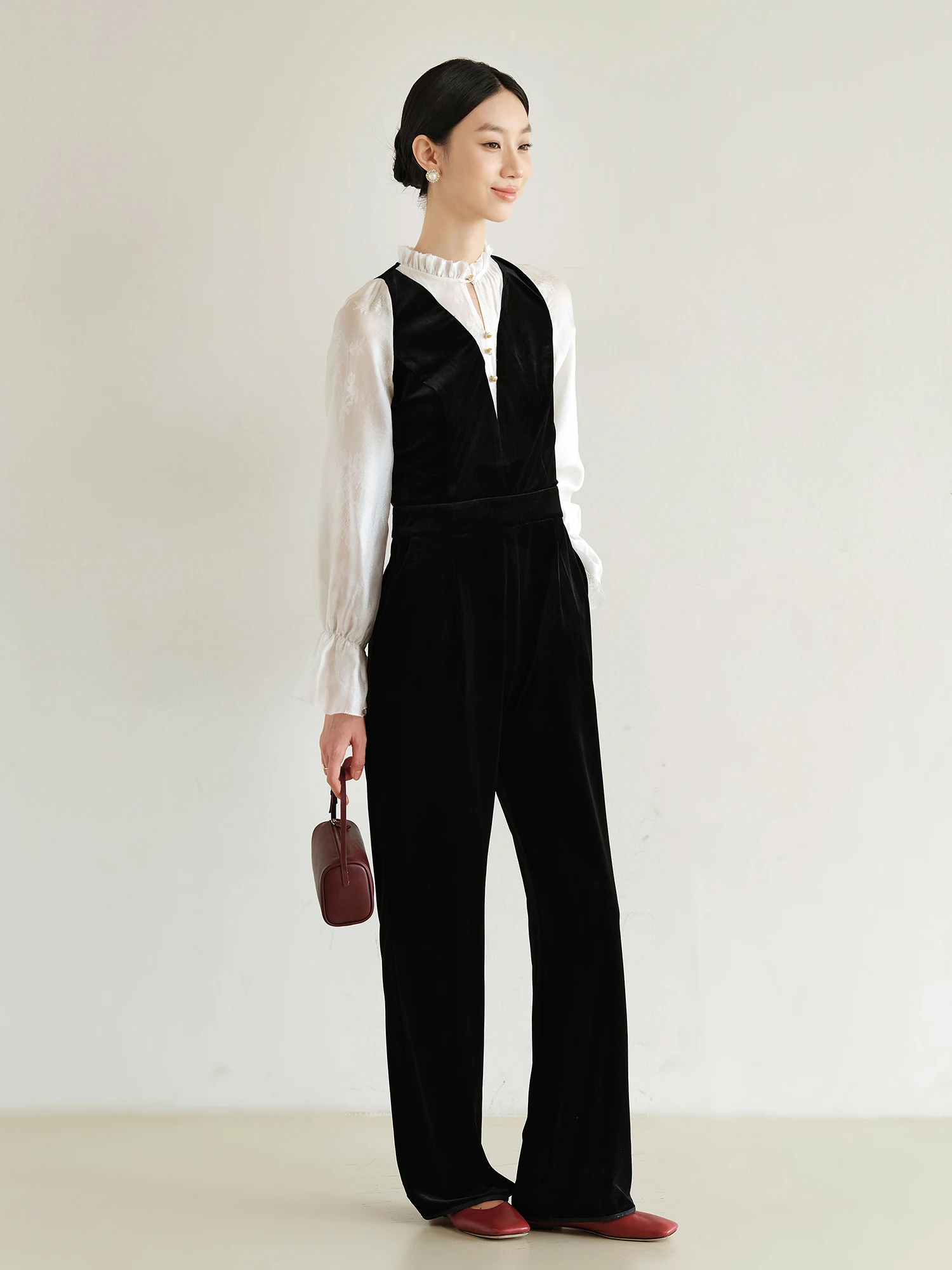 

Ji Qirui Velvet Patchwork Jumpsuit High Waist Commute Lace irt Fake Two-Piece Straight Leg Pants Women's Faion Outfit