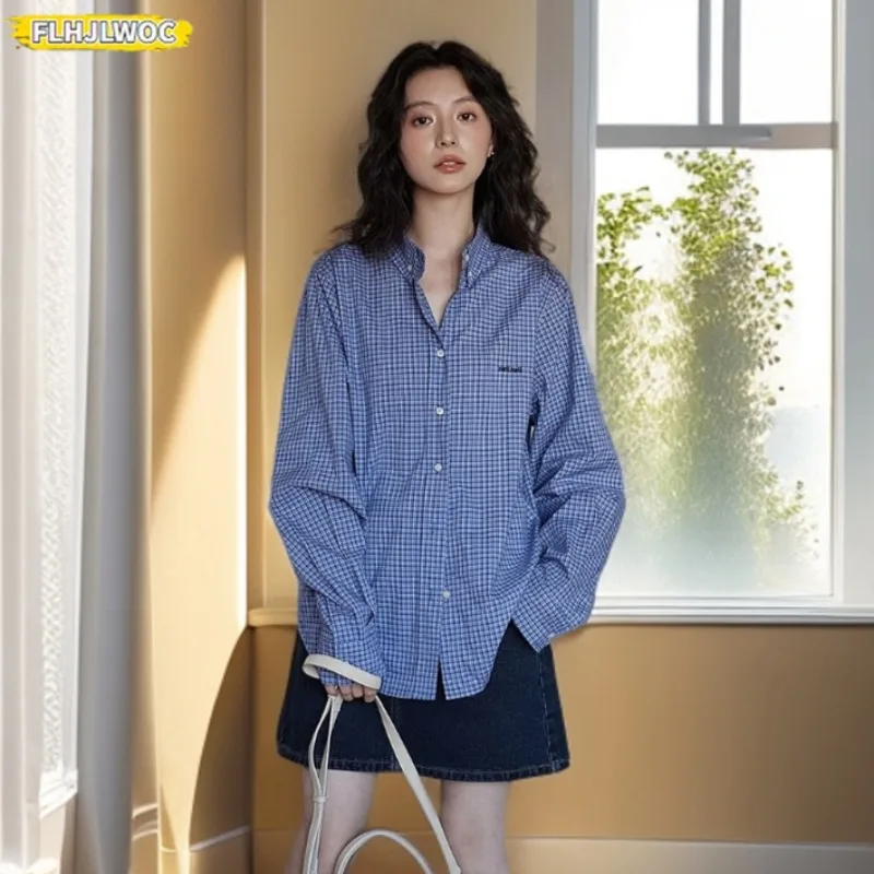 Hot Sales Cotton Blends Tops Blouses New 2025 Spring New Year Girls Preppy Style Loose Boyfriend Design Button Blue Plaid Shirts