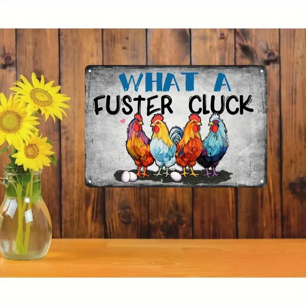 علامة الديك What a Fuster Cluck - ديكور حائط معدني ريفي مقاس 8 × 12 بوصة مع تصميم الديك الملون والفرخ، بيت المزرعة العتيق