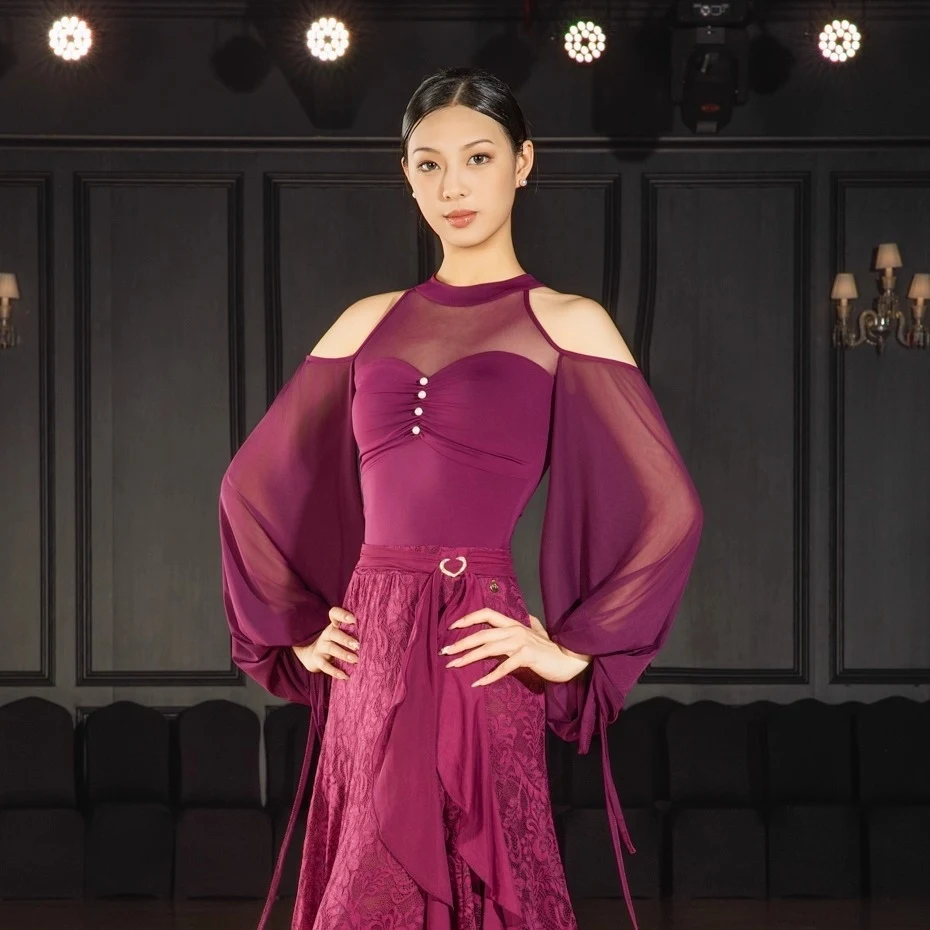 2025 Wals Dans Kleding Ballroom Dansvoorstelling Kostuum Vrouwen Mesh Lange Mouwen Tops Volwassen Praktijk Slijtage Paars Tops BL 17171
