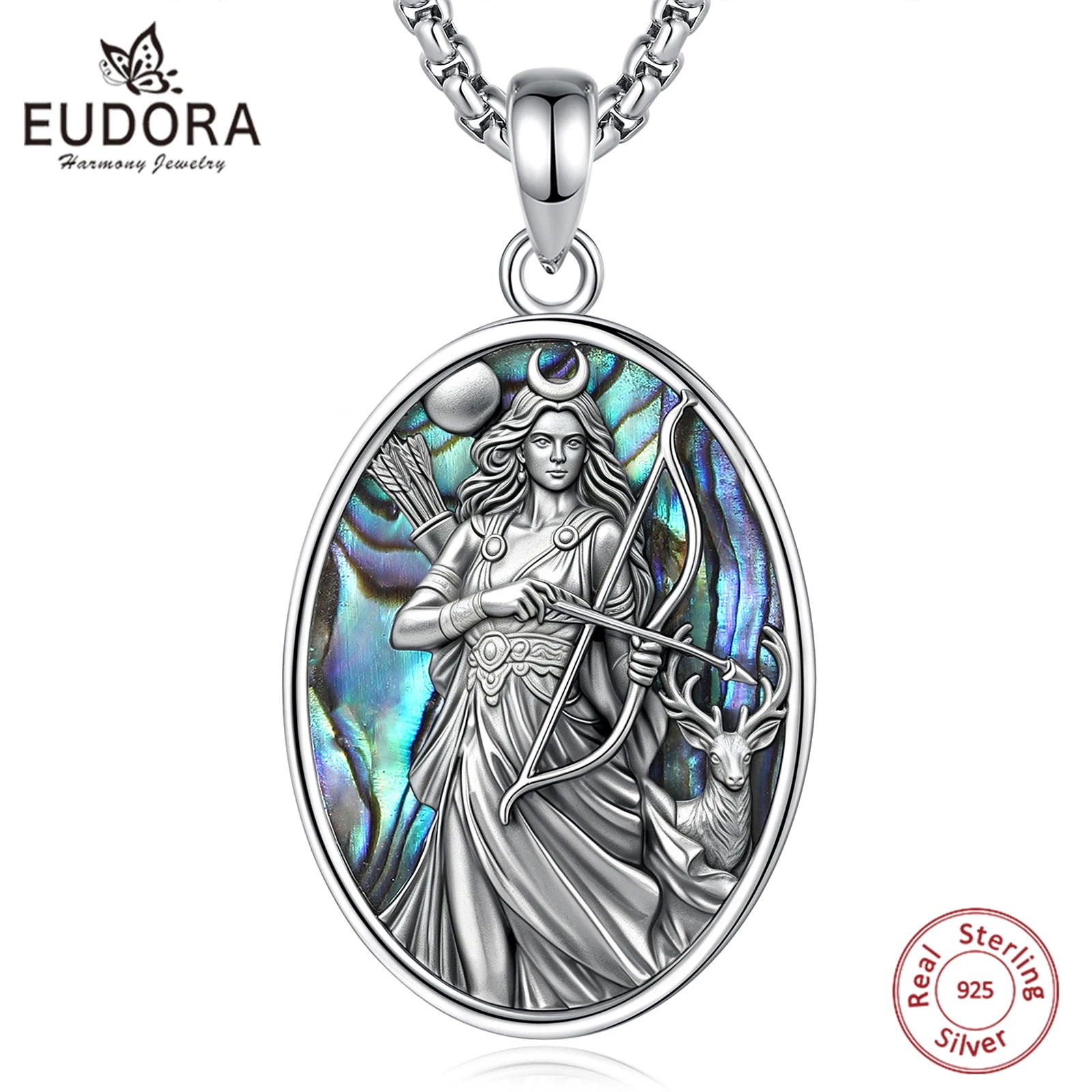 Eudora 925 Sterling Silver Artemis Goddess Necklace Moon Huntress Deer Bow Pendant Greek Mythology Jewelry Gift for Women Men
