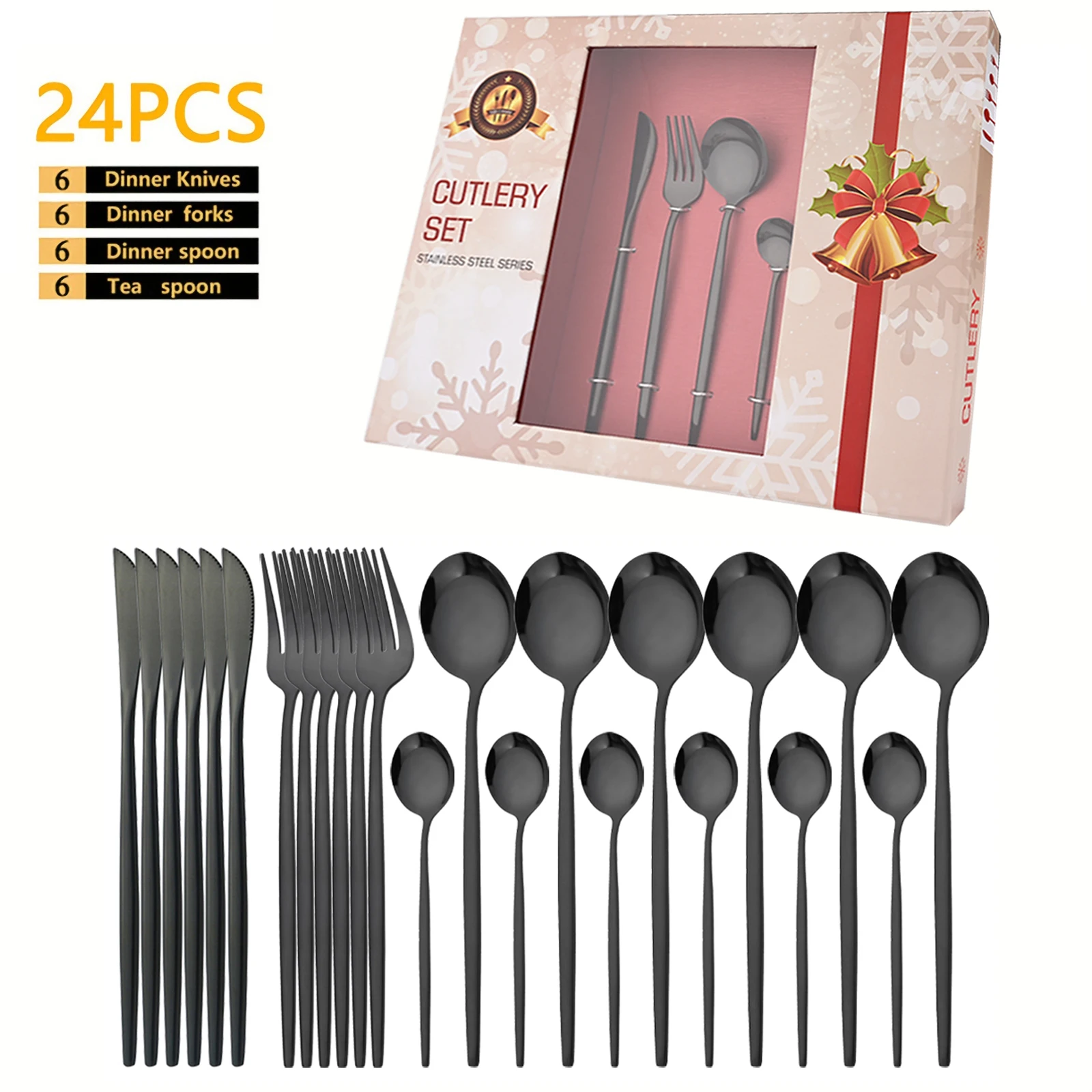 24Pcs/Set Black Cutlery Sets Stainless Steel Mirror Tableware Knife Forks Spoons Silverware Dinnerware Kitchen Flatware Gift Box