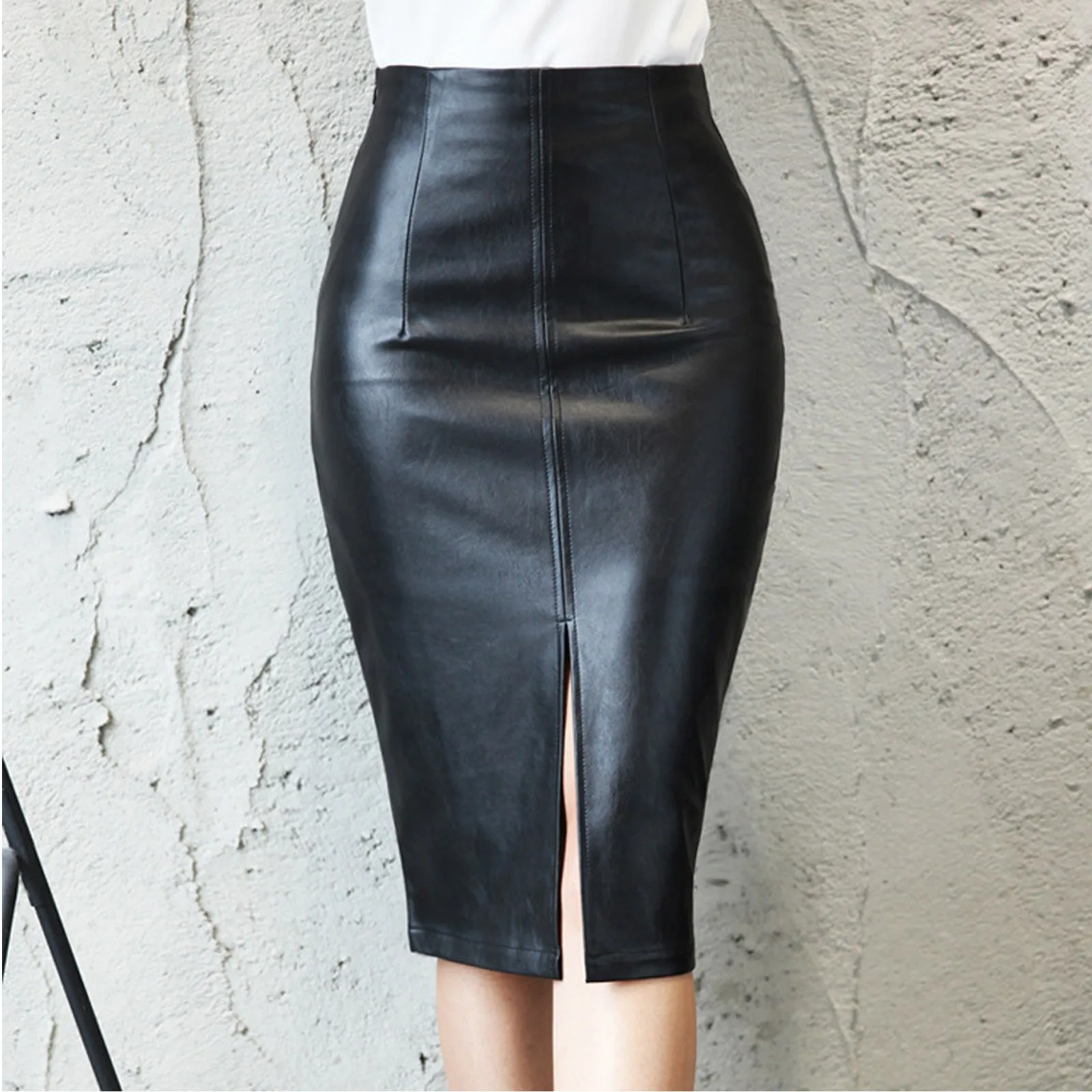 Women Sexy Slimming PU Leather Midi Skirt  Autumn Winter Fashion New Ladies Package Hip Front or Back Slit Pencil Skirts