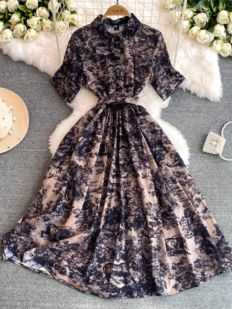 Vintage Printed Dress Women Short Sleeved Lapel A-line Ink Paint Shirt Dresses Ladies Elegant A-line Summer Long Robe Vestidos