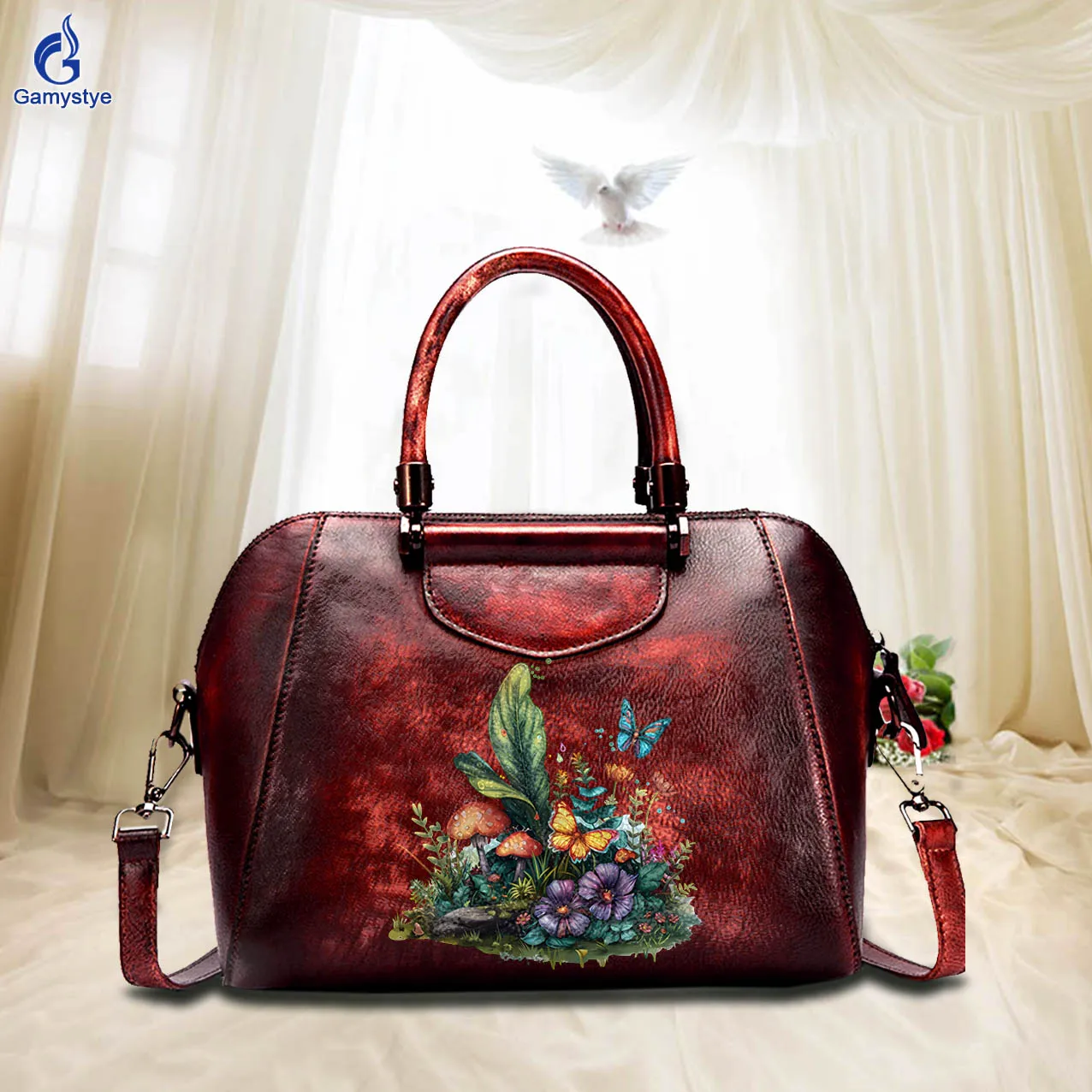 

Personalizar Bolso Art Printed NICE FLOWERS Bags Genuine Leather Lady Tote Bag Woman Sac A Mains Luxury Boston Bag