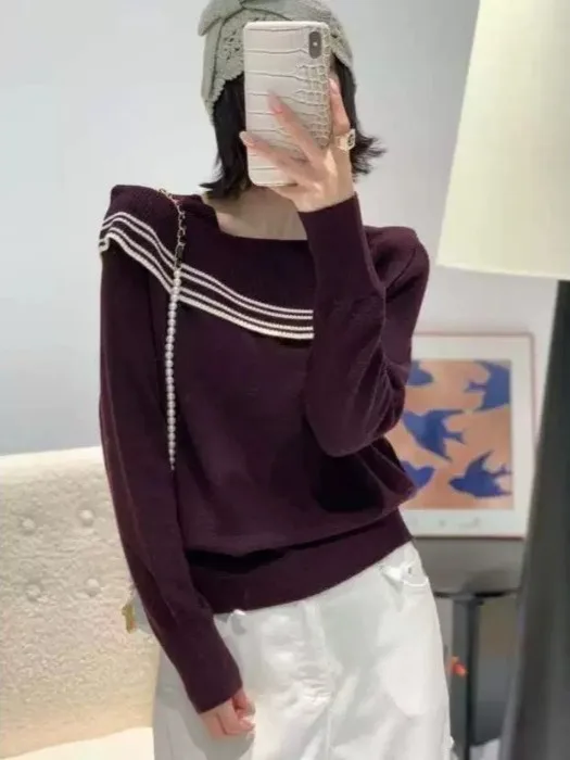 

Новинка зимы: Шерстяной вязаный свитер с открытыми плечами, отложным воротником, в полоску, на одно плечо, удобный, свободного кроя, женский.