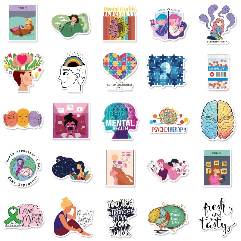 10/25/50pcs Mental Health Graffiti Stickers Cartoon for Adult Youth School Laptop Phone Water Bottle Notebook Scrapbook