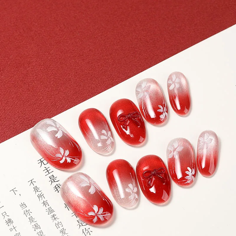 10Pcs Handmade Nail Red Gradient Cat Eye with Delicate Floral Design Elegant and Skin-Brightening Press-On Nail Tips for Women