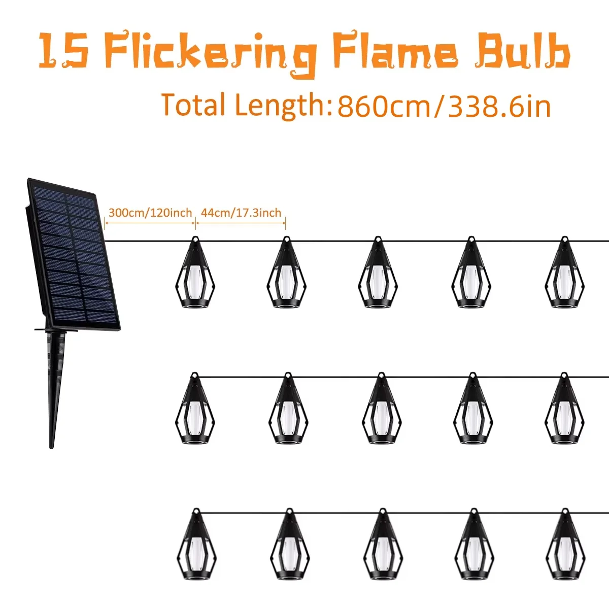 Luzes de corda Sun Flame - 15 luzes de corda solares externas LED para decoração de Halloween de jardim e pátio