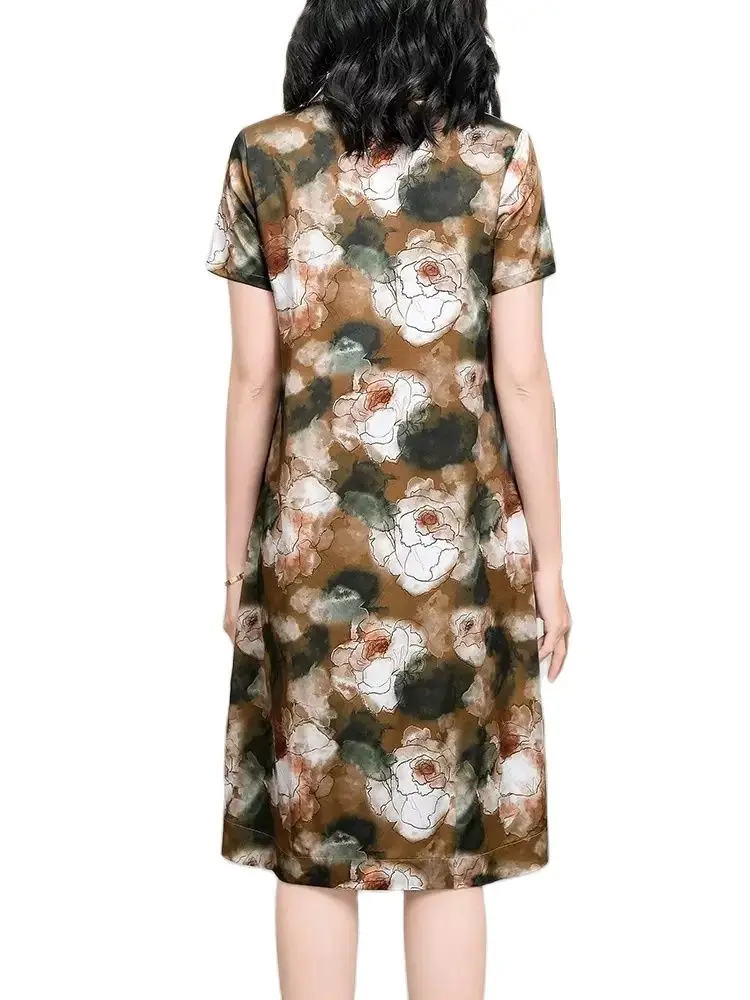 BirdTree 91.8% Natural Silk Dresses, Women Short Sleeve V Necks Floral Printed, Elegant OL Retro Dress, 2024 Summer New D44412QM