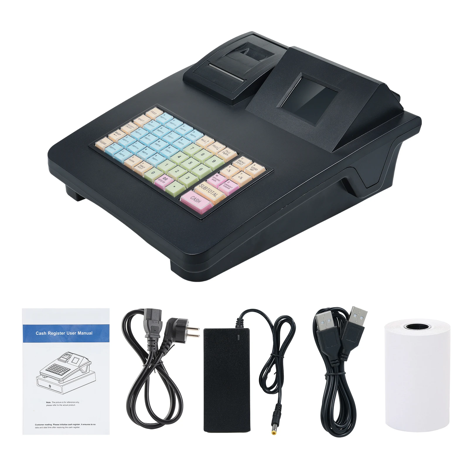 The electronic cash register features a 48-key RS232 USB port, a 2.8-inch display, and a 58mm thermal printer