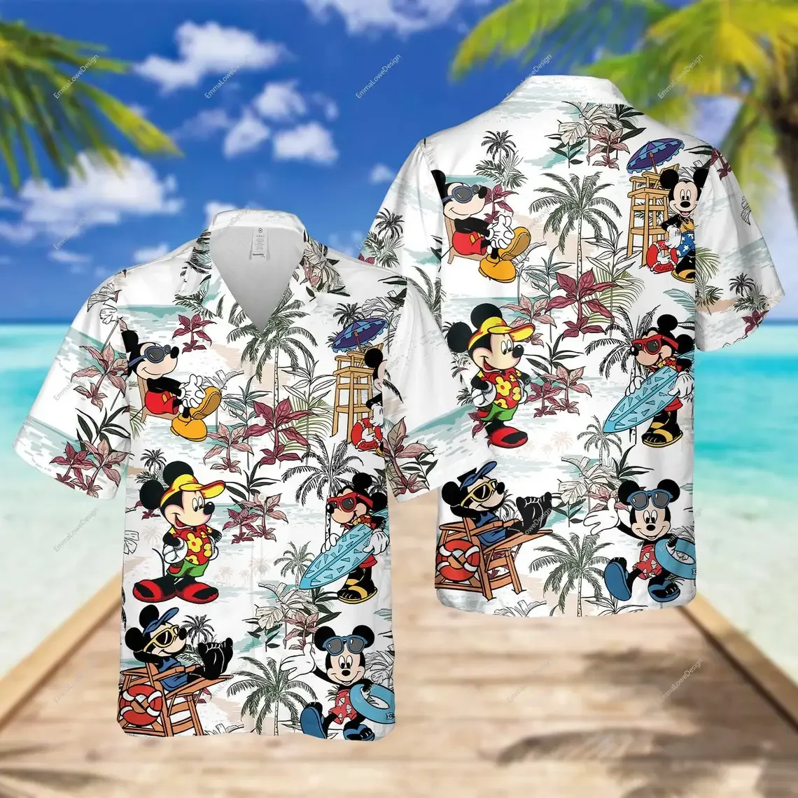 Camisa havaiana mickey mouse, camisa de praia manga curta, shorts disney viagem, verão, novo