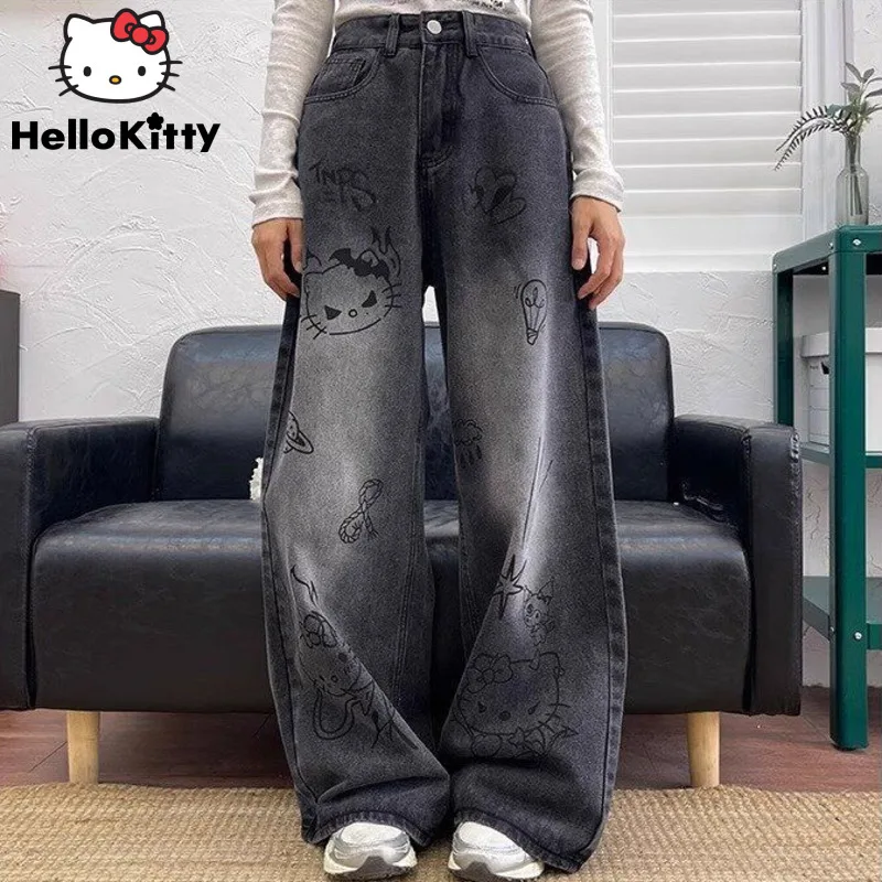 Sanrio Hello Kitty  Graffiti Washed Black Baggy Jeans Women Cartoon Vintage Streetwear Wide Leg Pants Y2k Korean Trend Trousers