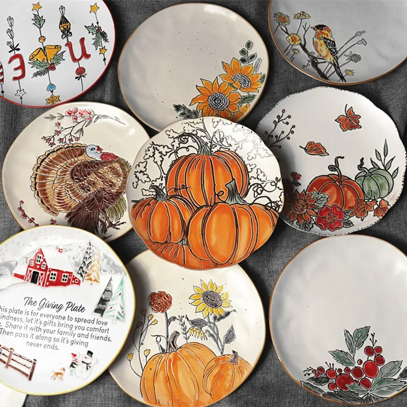 

1pcs Nordic Ceramic Picnic Plate Hand-painted Pumpkin Dinner Plates Environmental Picnic Children Tableware Kitchen Supplies