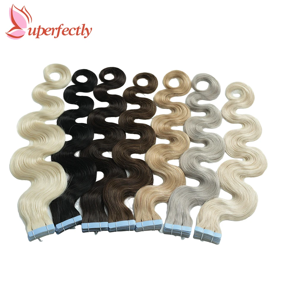 Uperfect-وصلات شعر ريمي ، شعر بشري ، موجة جسم ، أشقر ، لون Balayage ، جانب مزدوج ، شريط لاصق ، 12-26 بوصة