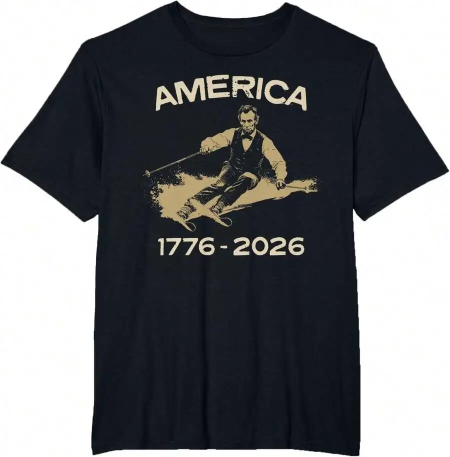 America 1776 2026 Abraham Skiing Graphic T-Shirt 100% Cotton Trendy Y2K Short-Sleeve Tee-Soft, Quick-Drying, Moisture-Wicking;