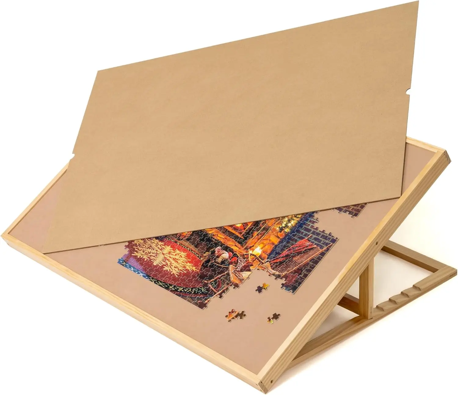 

Доска для пазлов на 1500 элементов с деревянной крышкой, регулируемой подставкой и нескользящим фланелевым покрытием для всех возрастов