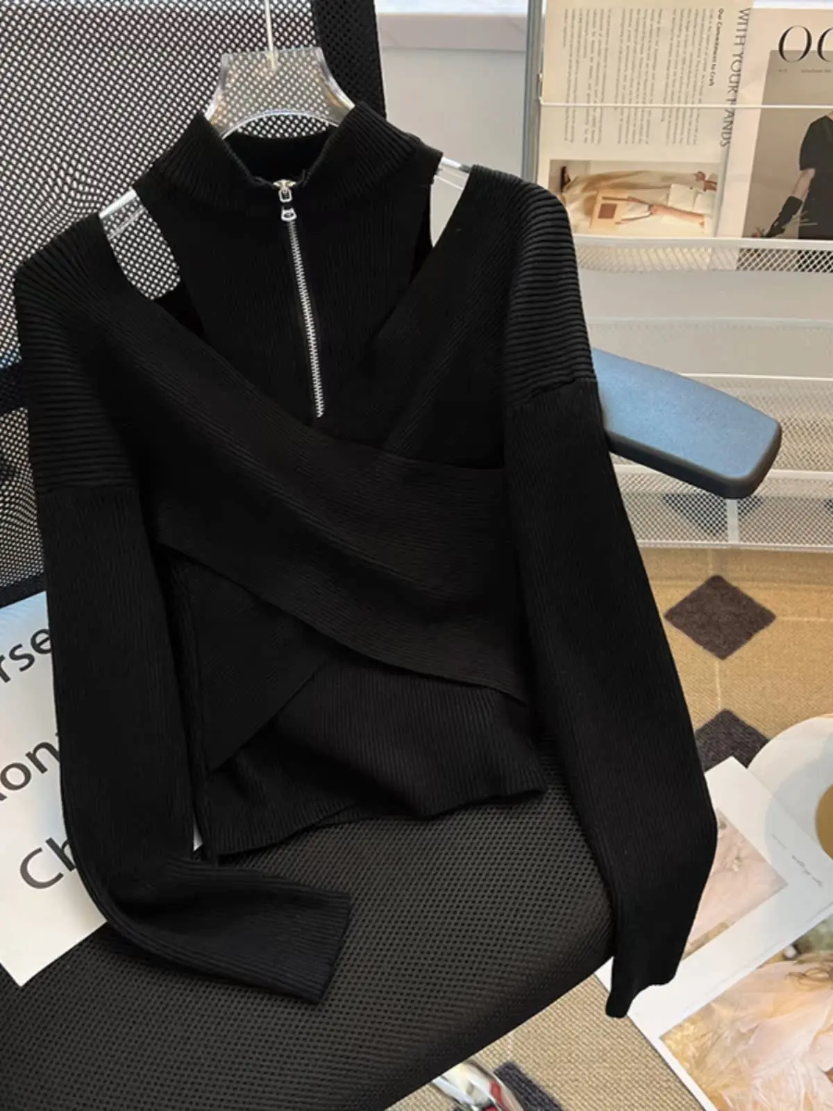 

Spring Autumn oulder Bared Women's Knitted Sweater Zipper f High Collar Base Layer Trendy Long Sve Warmth Emitting Top