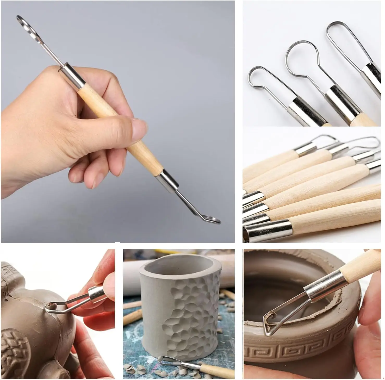 15PCS Texture Pottery Clay Tools DIY Tool Carving Clay Wood Handle Wax Craft Set Wood Knife Pottery Modeling Clay Sculpture Tool