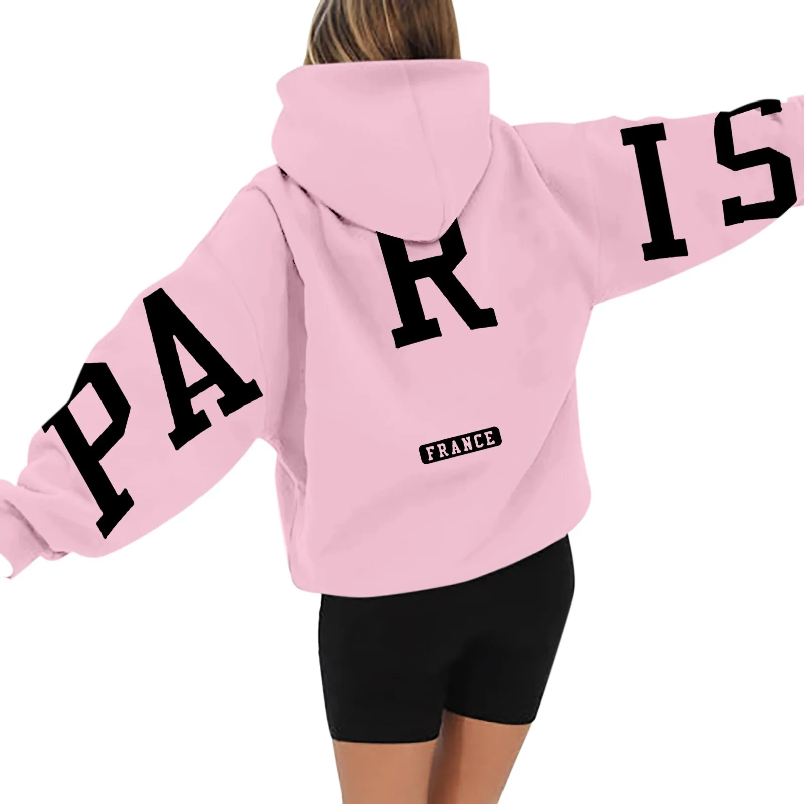 Women'S Solid Long Sleeved Zipperless Back France Paris Letter Printed Hoodie 2024 Fashion Elastic Band Mid-Length Pullover