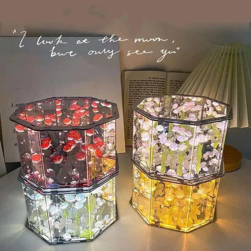 Creative Diy Tulip Mirror Cube Light Handmade Rose Mirror Night Light Bedroom Sleep Simulation Flower Octagon Night Light