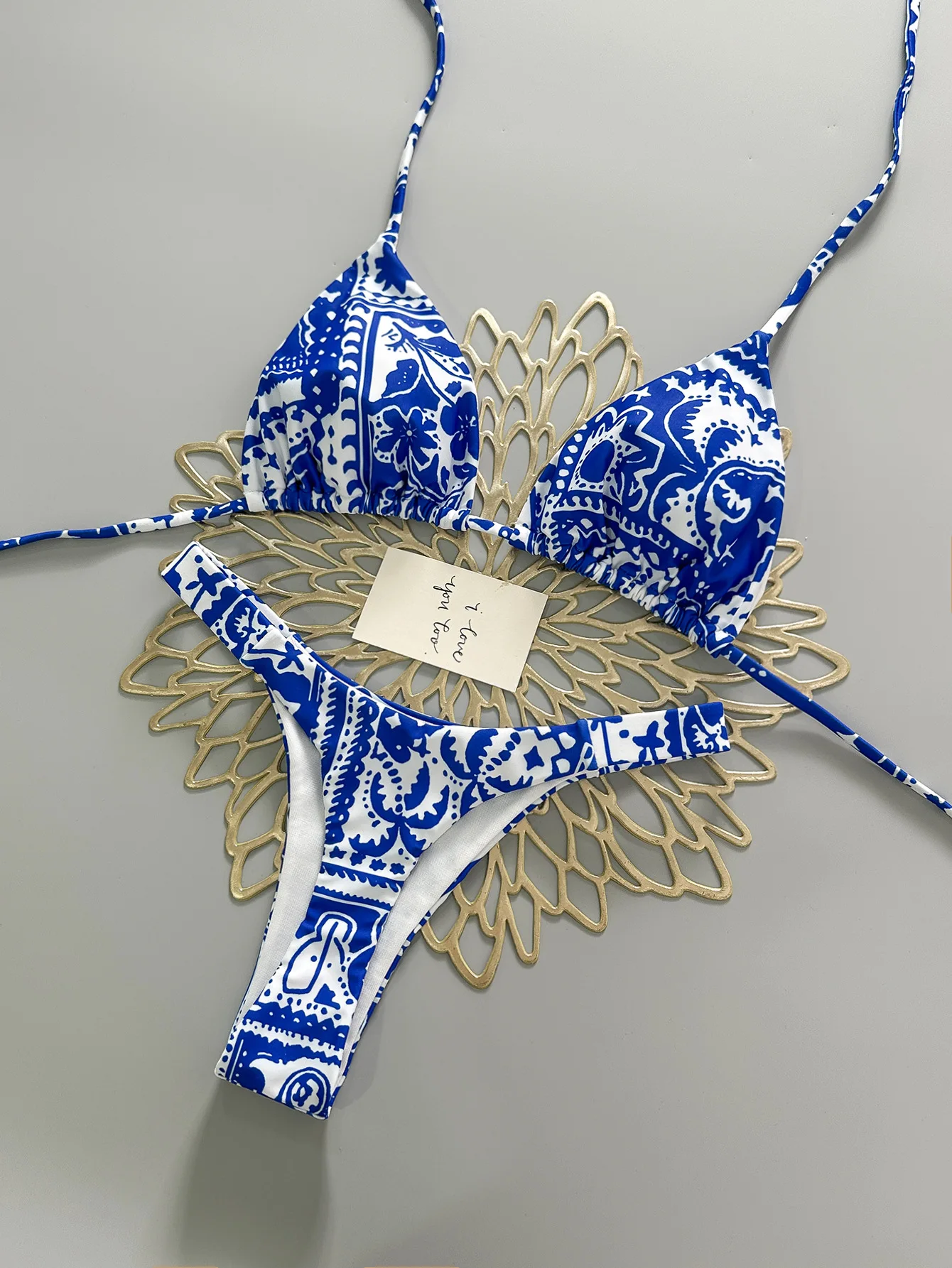 

sexy blue flower print micro bikinis sets two pieces halter back tie thong swimsuits bathing suit swimwear biquini tankini