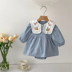 2024 Summer Autumn New Baby Embroidered Lapel Romper Girls Cotton Princess Dress Bodysuit Kids Blue Long Sleeve Jumpsuit Clothes