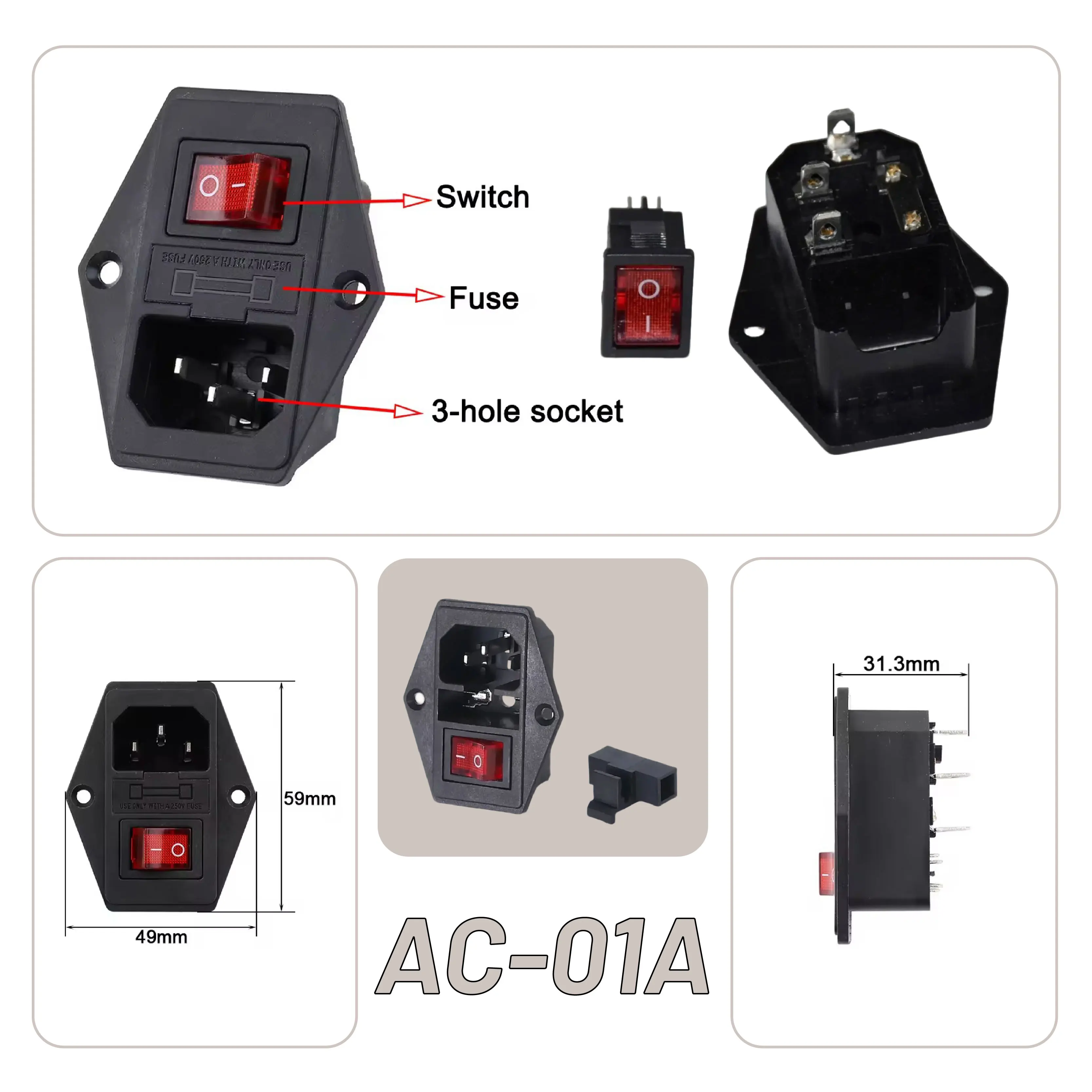 5 Stuks IEC C13 C14 Power Inlet Socket 10A 250V Met Tuimelschakelaar Zekeringhouder 3 Pin Wisselstroom connector