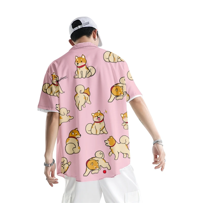 Oversized Beach Hawaiian Shirt 2023 Zomer Shiba Inu Hond Print Losse Korte Mouwen Shirt Mannen Roze Top