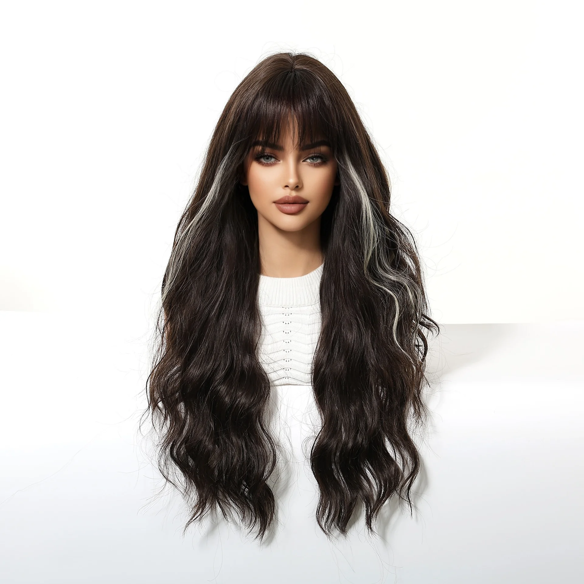 Long Wavy Synthetic Wig with Bangs for Women Natural Black with Blonde Highlights Heat Resistant Hair Daily Cosplay Use