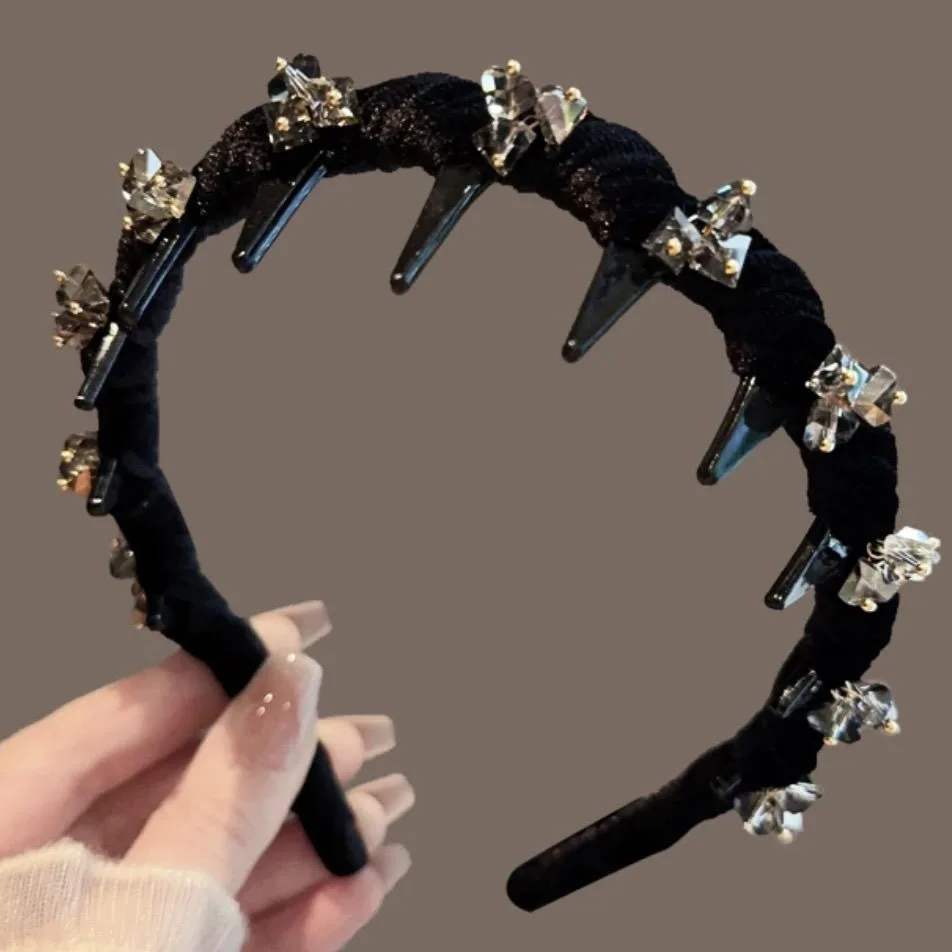 

Модный обруч для волос из ткани со стразами и зубцами, повязка на голову для волос, женские черные ленты для волос, аксессуары для волос, свадебная тиара, головной убор