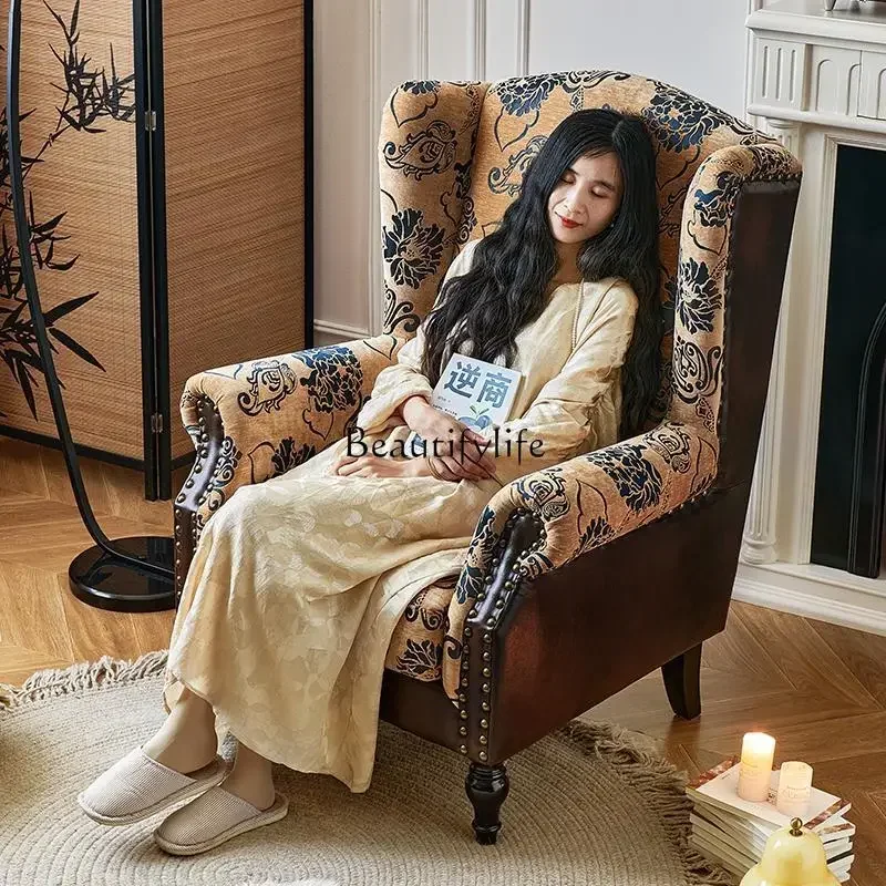 

NEW French retro fabric leather splicing single chair American high-back casual single sofa