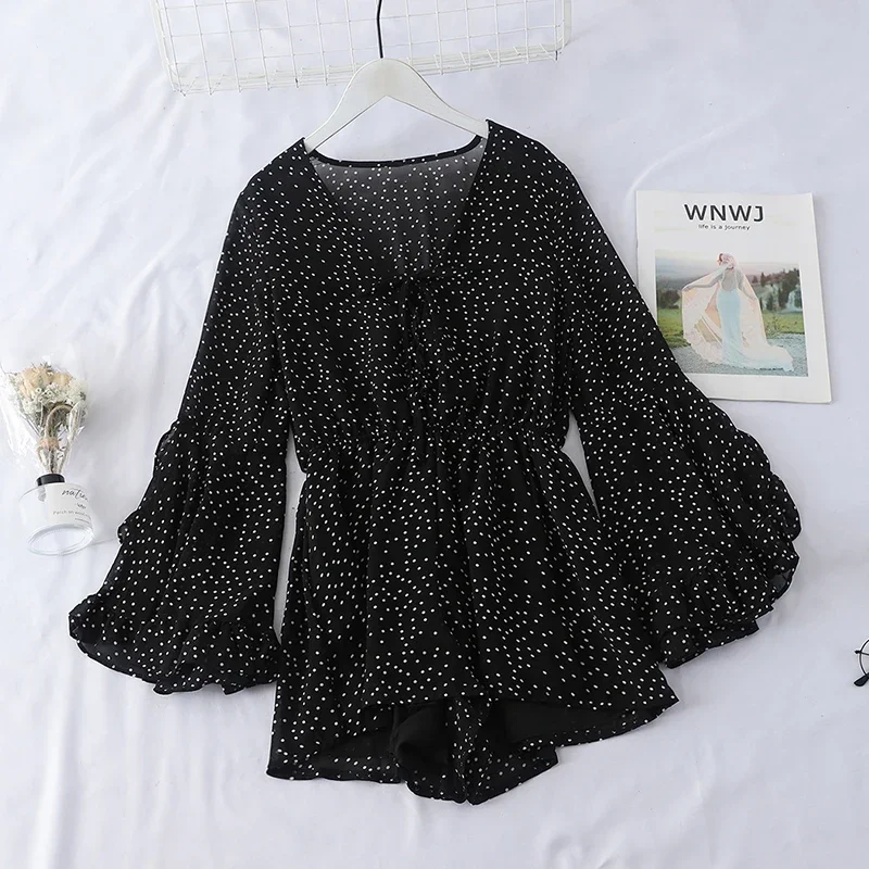 Women Spring BOHO Style Flare Sleeve Thin Chiffon Rompers Summer Chic Lace Up Dress Polka Dot Satin Printed Irregular Jumpsuit