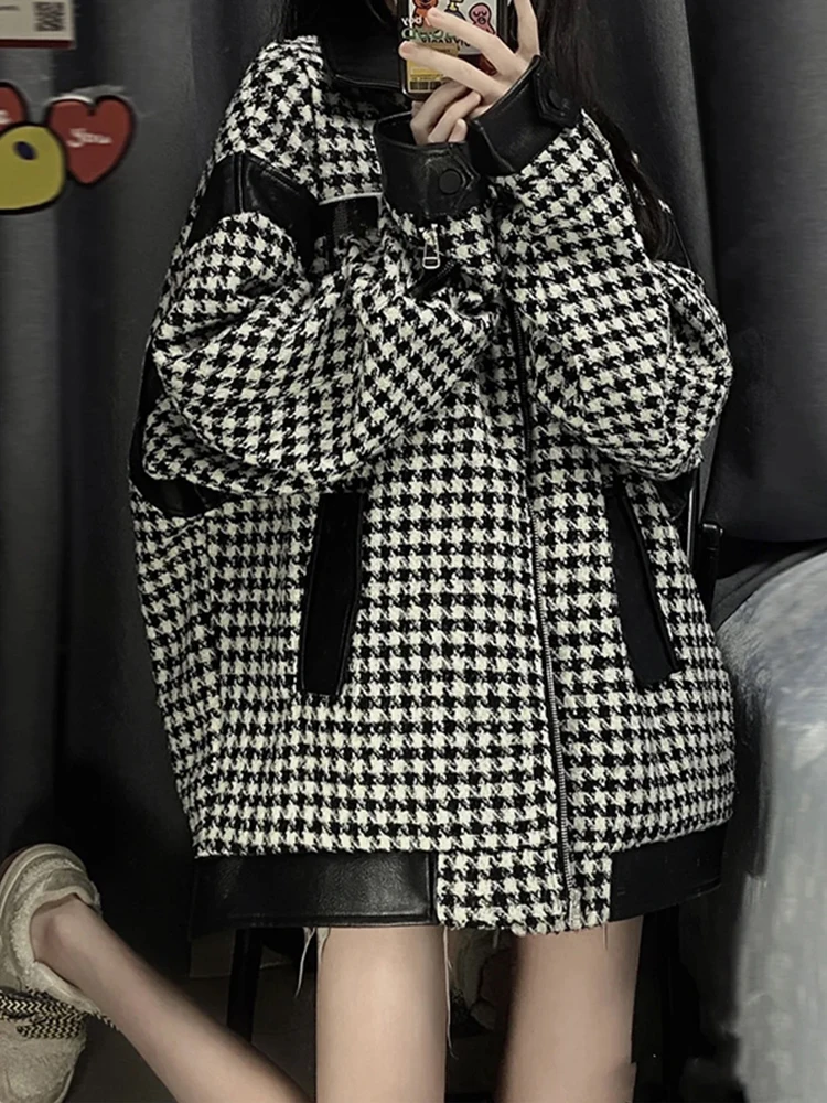 

Winter Women Korean Fashion Vintage Houndstooth Jacket Oversize Coat 90s Vintage Thick Outwears 2000s Aesthetic Y2k Streetwear