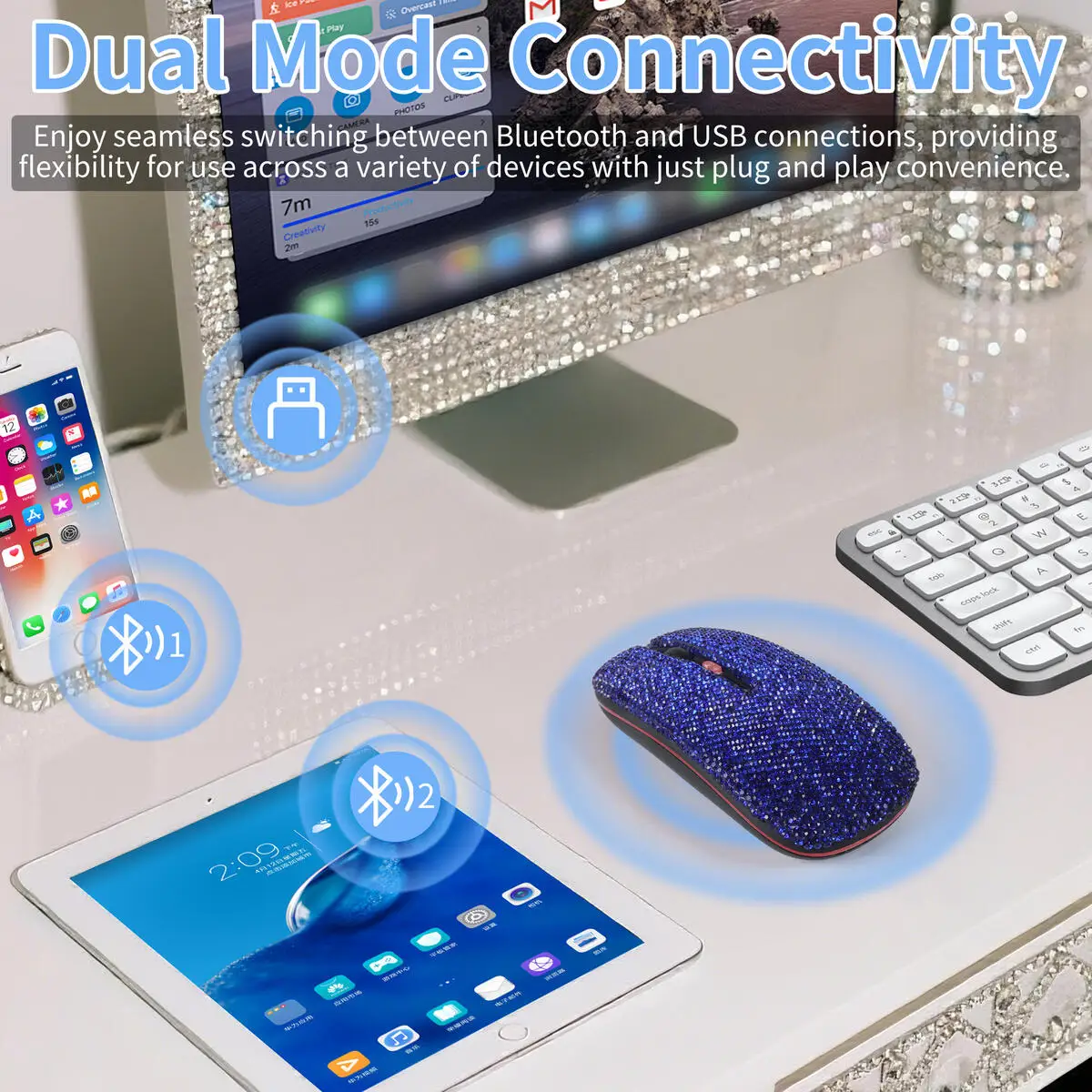 

Беспроводная мышь 2.4G+Bluetooth с блестками и стразами, украшенная, для девочек, для ноутбуков и MacBook