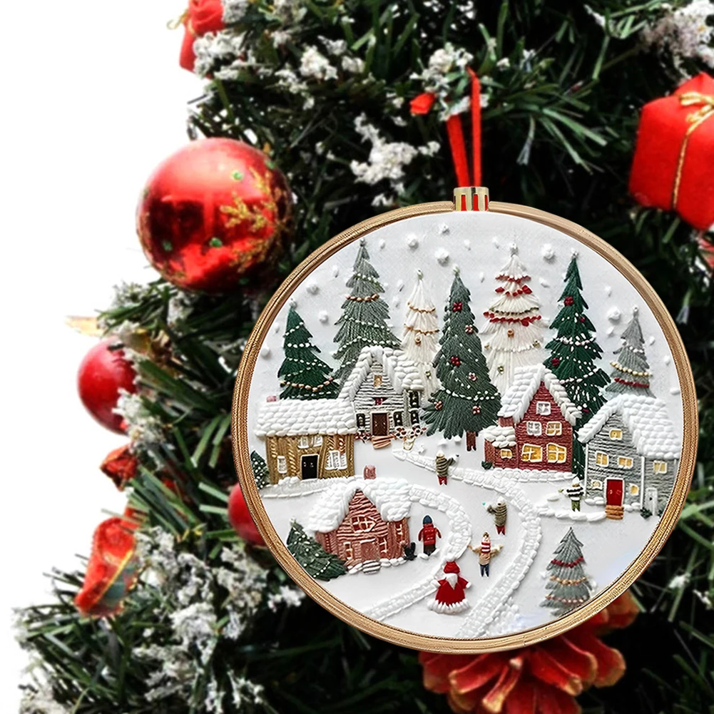 

Embroidery Kit Christmas DIY Wreath Printed Pattern Cross Stitch Set Needlework Hoop Handmade Sewing Art Craft Xmas Tree Gift