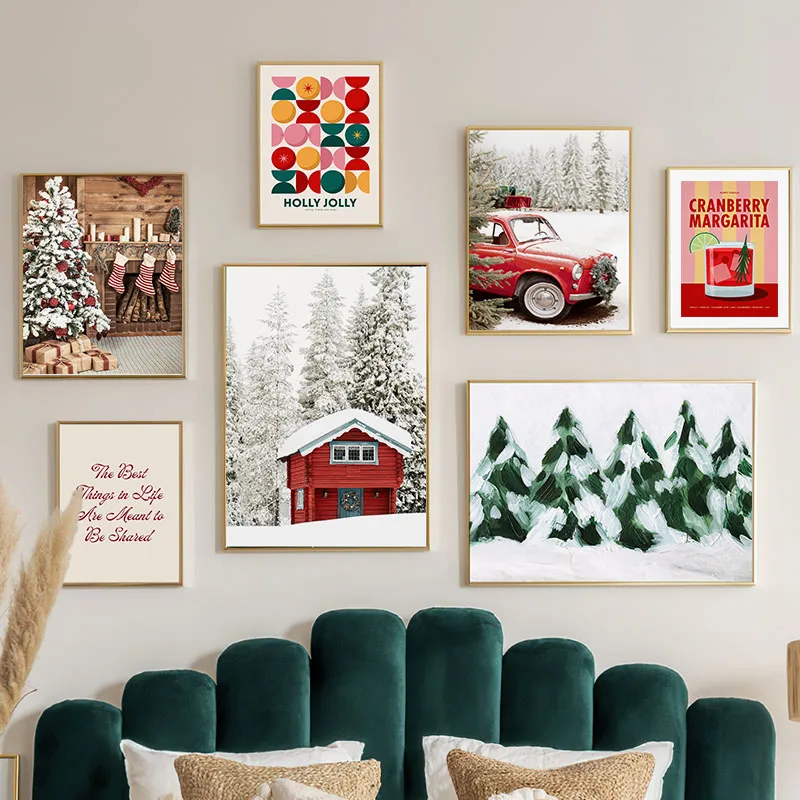 Nieve árbol de Navidad galletas jugo de naranja calcetines regalo cuadro sobre lienzo para pared carteles impresiones cuadros de pared para decoración para sala de estar