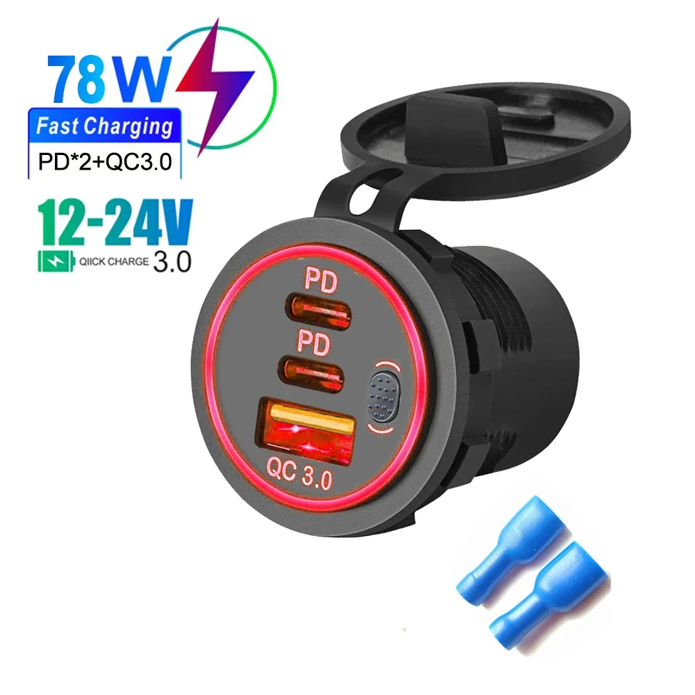 Schnellladegerät QC3.0 + PD Autoladegerät Buchse 78 W Doppelter USB-Anschluss Typ C Drei Ports Netzteil mit Schalter Universell wasserdicht