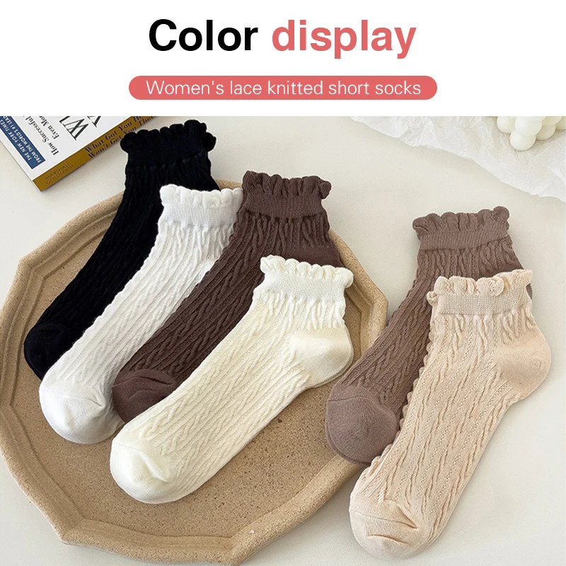 1Pairs Outdoor Women's Lace Socks Solid Color Sweet Fried Dough Twists Low Tube Socks Japanese College Style Korean Socks