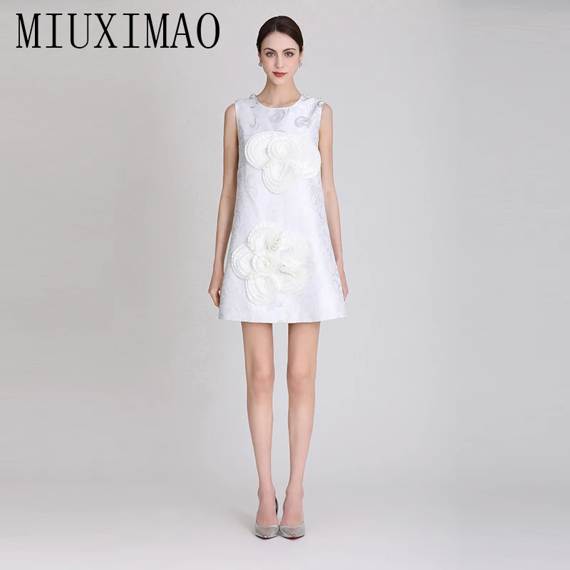 

MIUXIMAO 2023 High Quality Spring&Summer Elegant Dress Sleeveless O-Neck Jacquard Applique Fashion Mini Dress Women Vestide