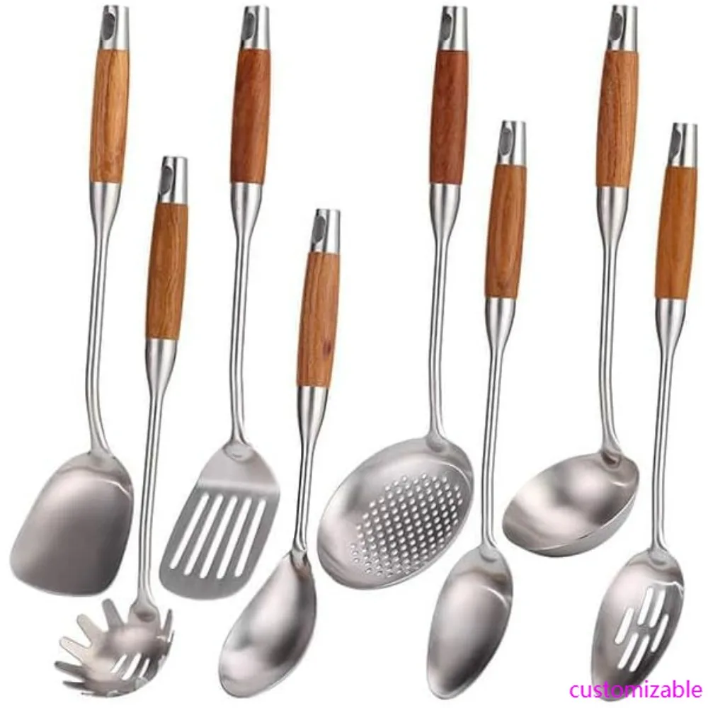 

Набор кухонной утвари из нержавеющей стали из 8 предметов с деревянными ручками — 15-дюймовые металлические инструменты для приготовления пищи и сервировки