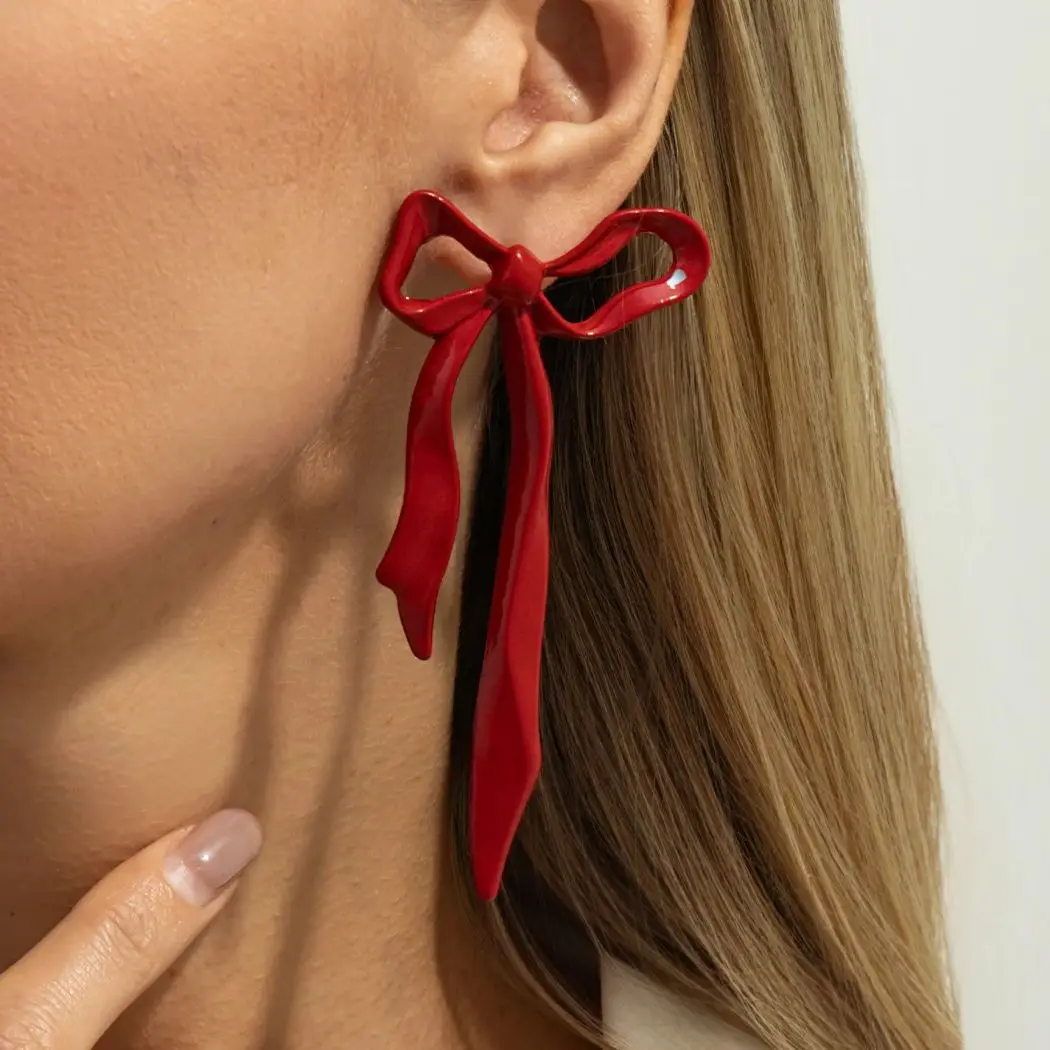 SHIXIN Neue Mode Metall Rot Bowknot Tropfen Ohrringe für Frauen Vintage Exquisite Bogen Anhänger Ohrringe Partei Schmuck Zubehör