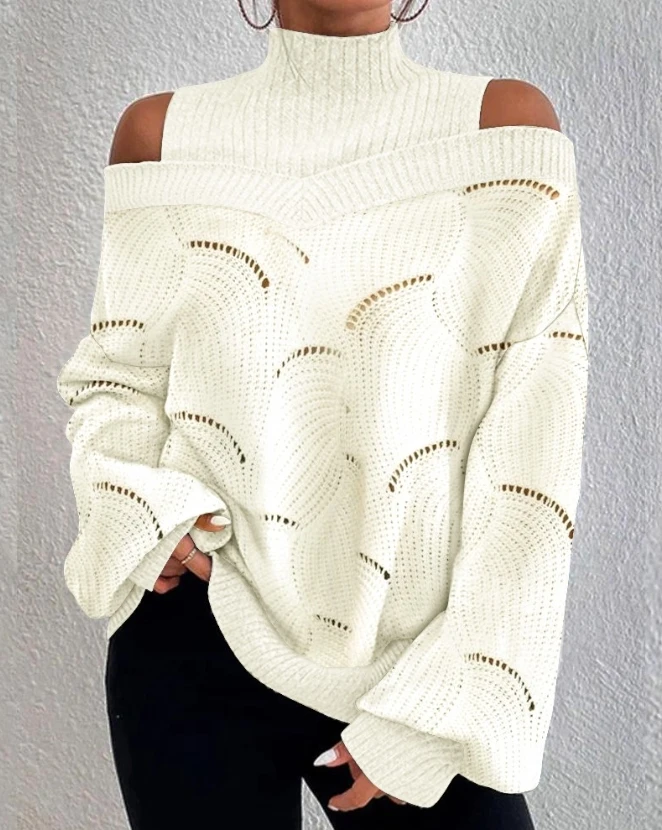 Women\'s Sweater Autumn Cold Shoulder Lantern Sleeve Hollow Out Casual Knit Plain Long Sleeve Loose Daily Pullover Sweater