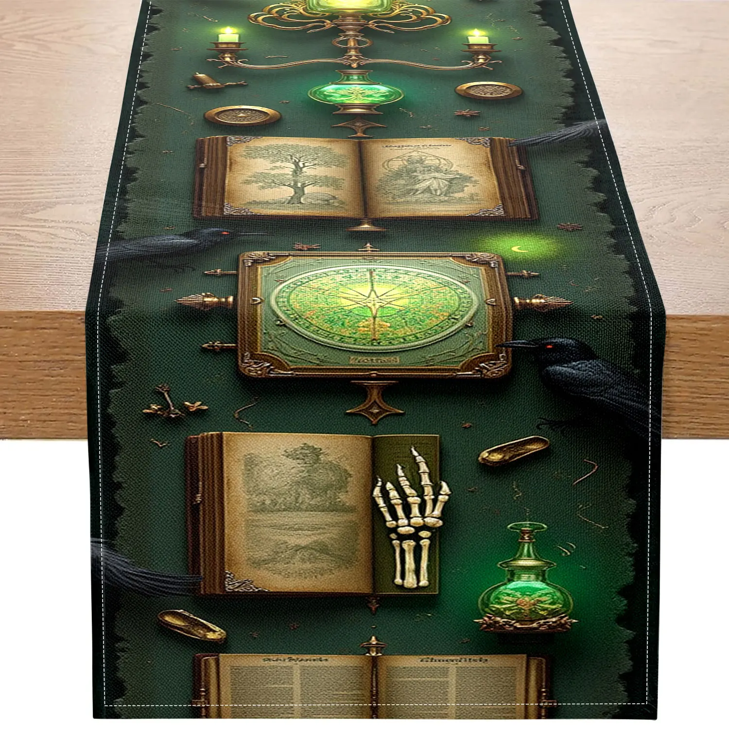 قطعة واحدة من مفرش الطاولة ذو الطابع السحري الغامض مع الكتب القديمة والغربان وأنماط زجاجات الجرعة، مناسبة للمساحات الخيالية والحفلات ذات الطابع السحري