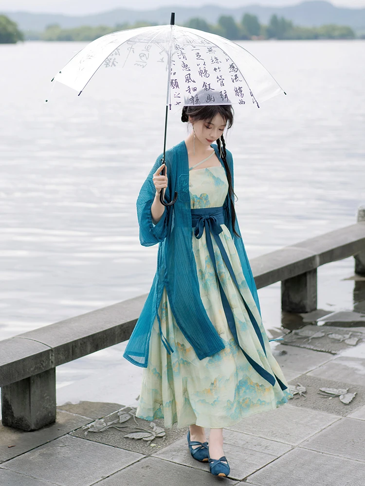 

Синяя женская летняя модная свободная традиционная китайская платье-ханьфу с принтом Dr. Zen и открытыми плечами, новинка