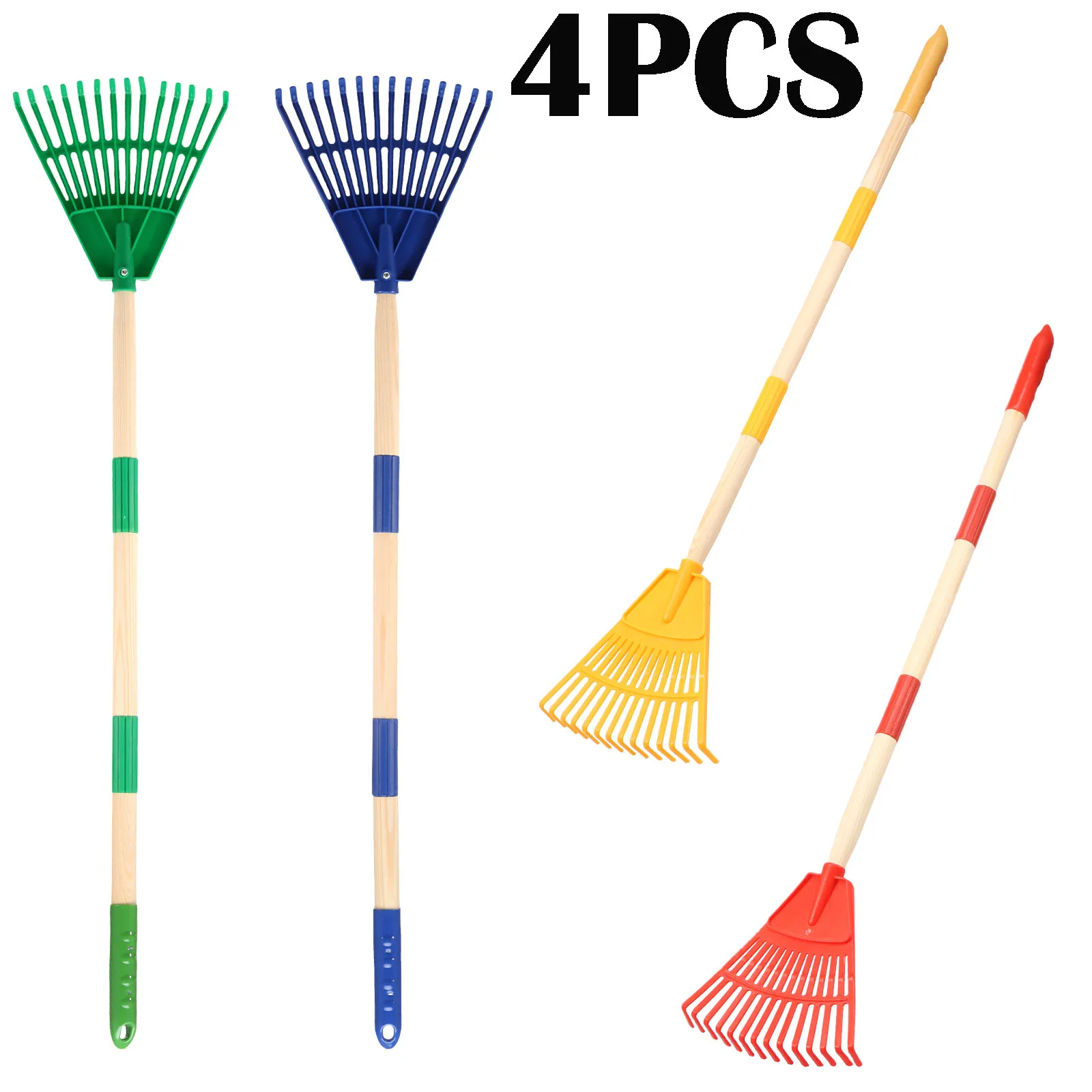 

4 шт. грабли для листьев с деревянной ручкой для детей, 8 x 34 дюйма, съемные грабли для газона, набор садовых инструментов для чистки сухих листьев сада