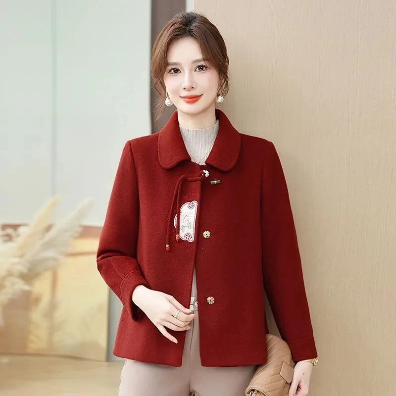 

Elegant Women Short Wool Coat Spring New Chinese Style Fashion Casual Long Sleeve Blouse Outwear Mother's Mid-Age Ladies Jacket